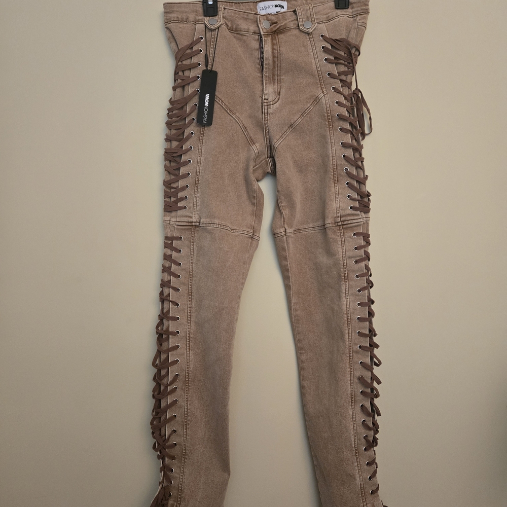 Fashion Nova Brown Lace-Up Side-Stitched Skinny Jeans